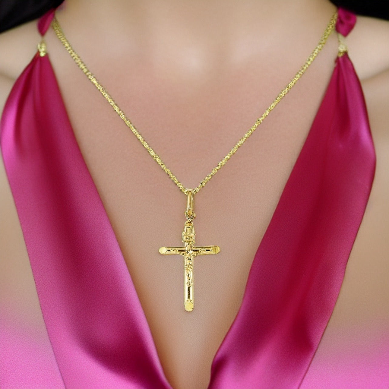 Italian Brilliance Diamond-Cut Cross Necklace 14K Yellow Gold 18
